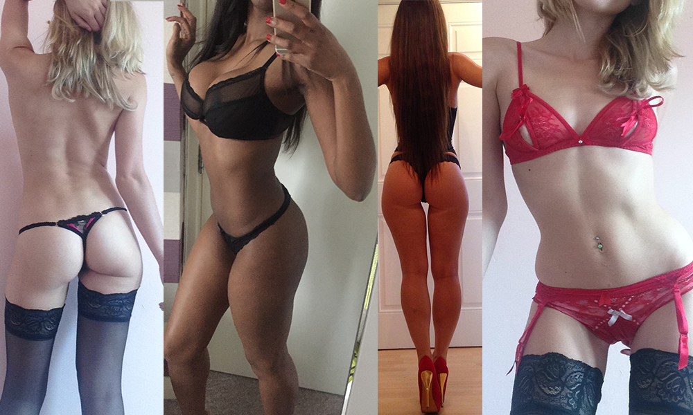 Example application photograph &mdash; lingerie, heels, plain background, natural daylight, face visible