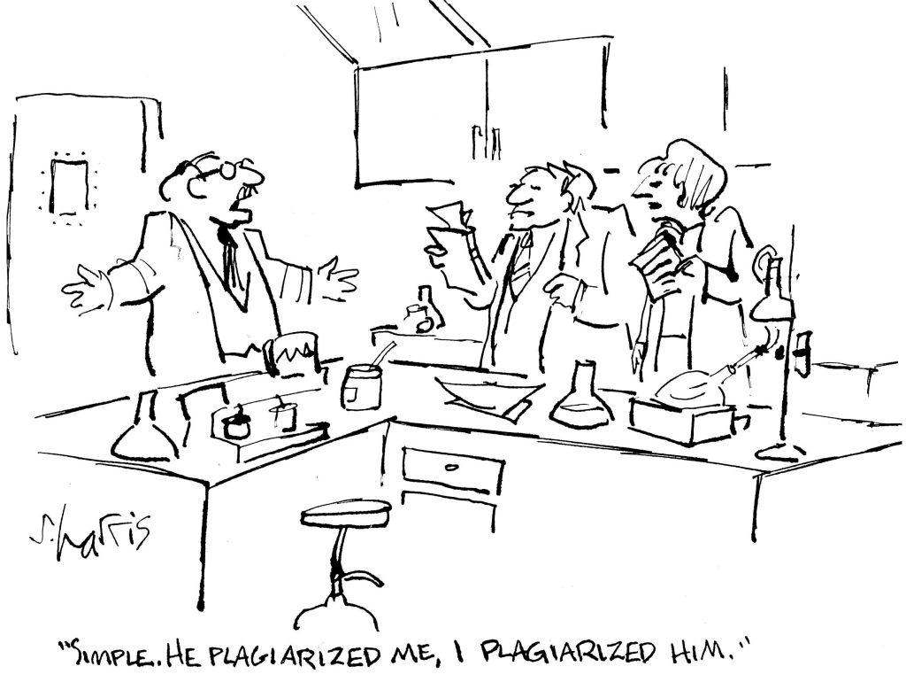 Sidney Harris cartoon — three scientists, caption: Simple. He plagiarized me, I plagiarized him.